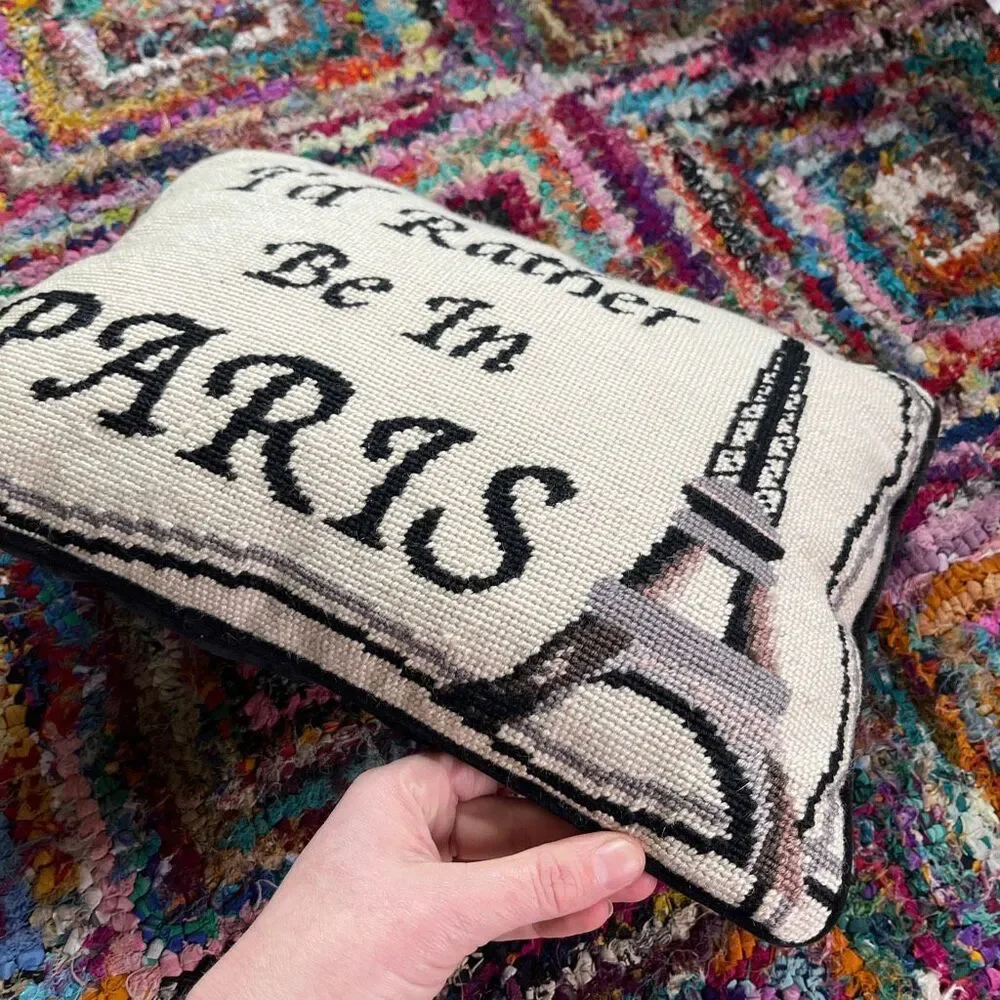 VTG Paris Needlepoint Pillow Eiffel Tower Velvet Back French Cottage Decor
